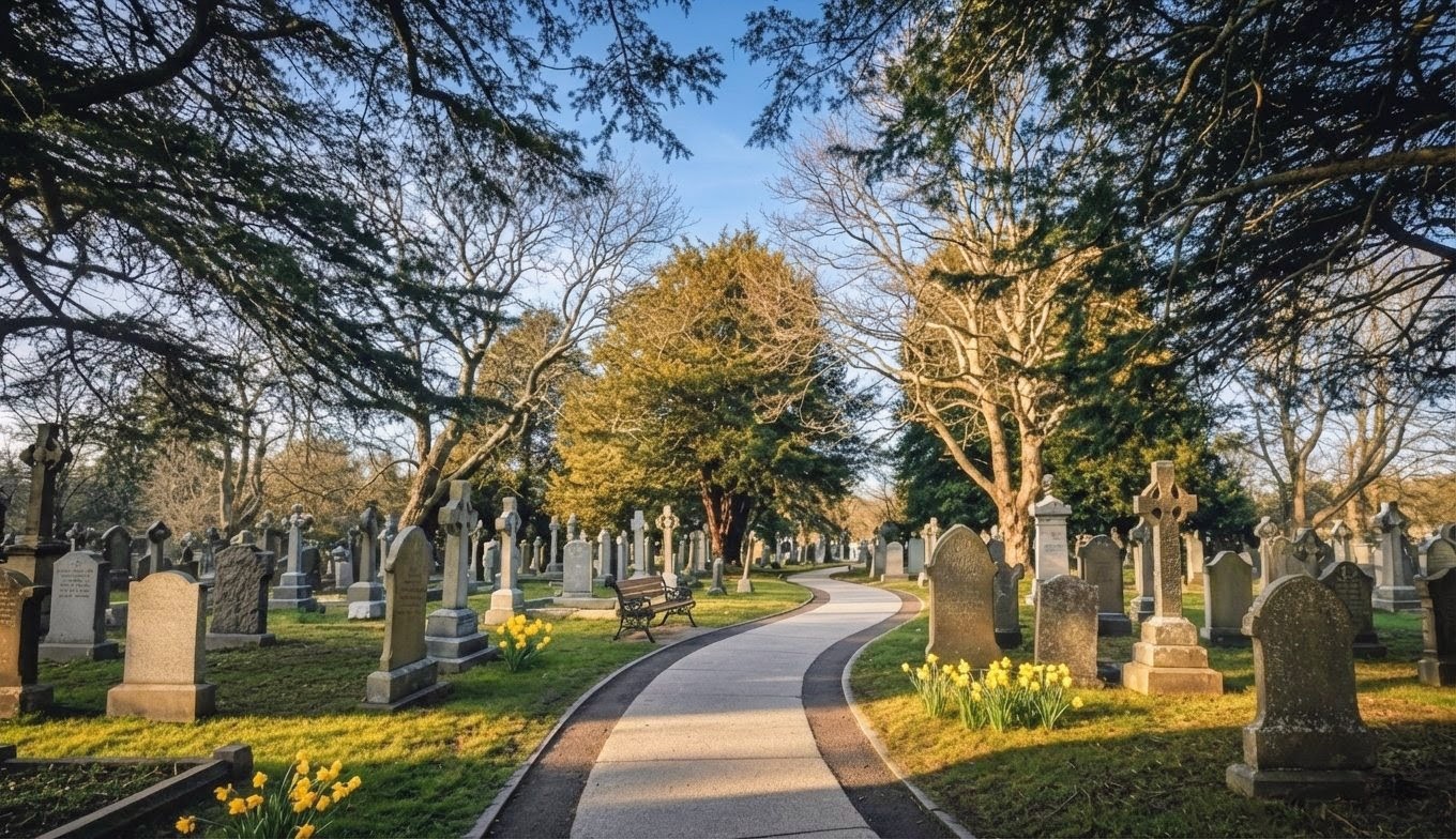 A peaceful Scottish cemetery with granite headstones, daffodils and mature trees lining a curved path